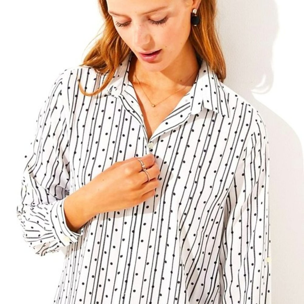 LOFT Polka Dot Striped Roll Tab Long Sleeve Button Down , Sz SP
